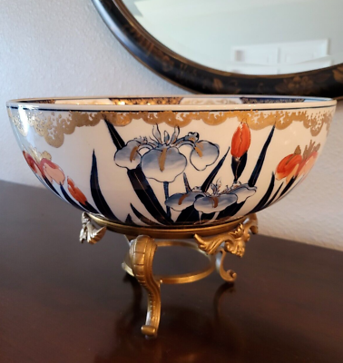 #ad Goldimari Hand Painted Japanese Floral Bowl With Brass Stand
