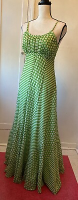 #ad #ad Vintage 60s 70s Mod Groovy Maxi Bright Green Striped Polka Dot Lined Gown Dress