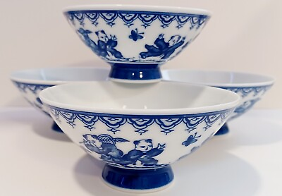 #ad Set Of 4 Japanese Hirado 5 Boys Playing Blue And White Porcelain Bowls