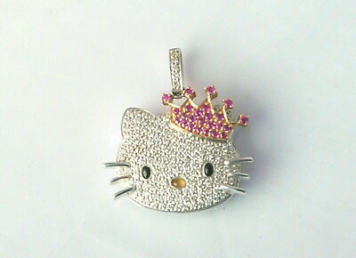 2Ct Round Cut Real Moissanite Hello Kitty Pendant 14K White Gold Plated W Chain