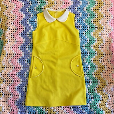 #ad Vintage 60s Mod Peter Pan Collar Yellow Micro Mini Shift Dress M Medium 1960s