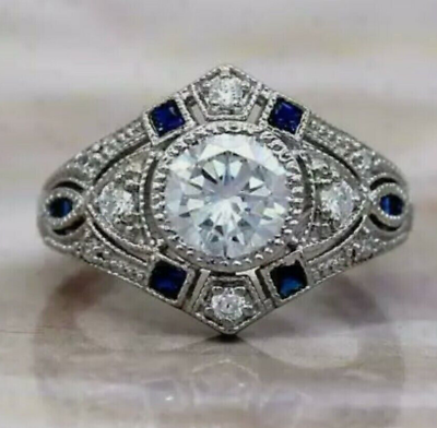 #ad 2.30Ct Round CZ Vintage Style Ring Antique Milgrain Wedding Ring 14K White Gold