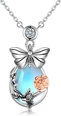 #ad Butterfly Moonstone Necklace for Women925 Sterling Silver Rose Butterfly Moonst