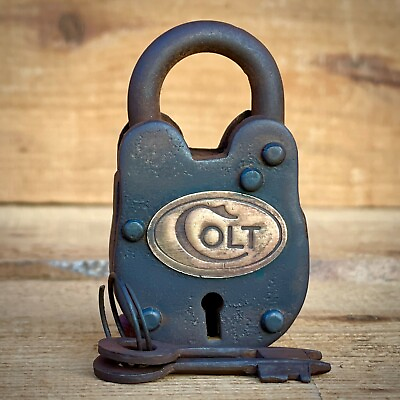 #ad Colt Gate Lock W 2 Working Keys amp; Antique Vintage Finish Brass Tag W Colt Logo