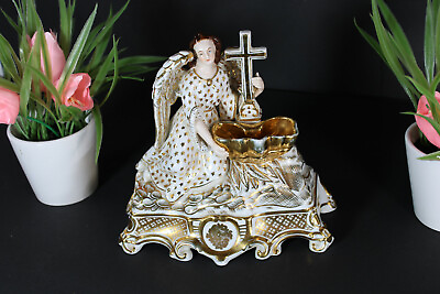 Antique top French vieux paris porcelain holy water font archangel figurine