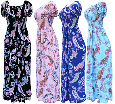 Women#x27;s Paisley Smocked Summer Sundress Long Dress
