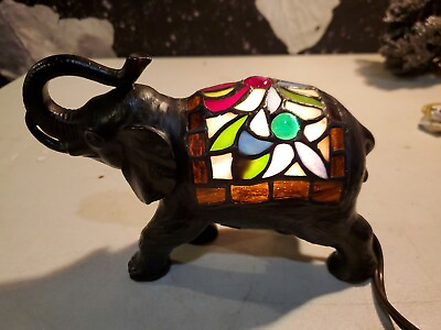 Vtg Elephant Lamp Mosaic Art Stained Glass Ting Shen Portable Light Luminaire VG