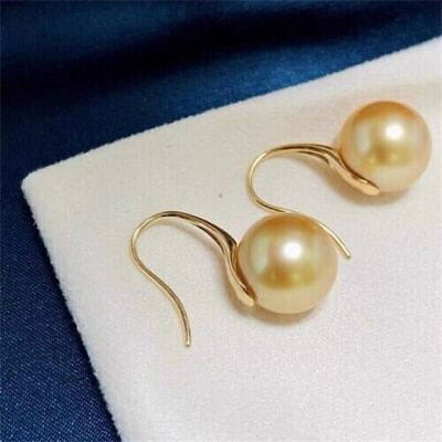 #ad Gorgeous Pair Of 9 8mm South Sea Golden Pearl Earrings