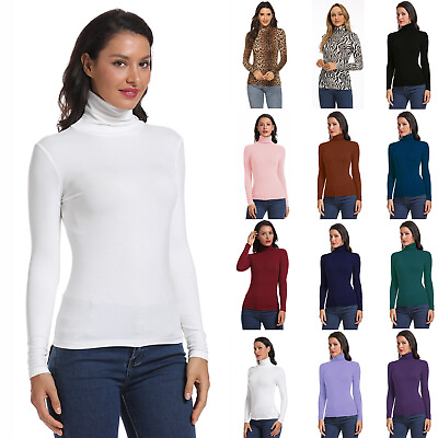 #ad Women Basic Scrunch Turtleneck Top Stretch Ribbed Knitted Soft Long Sleeve Shirt