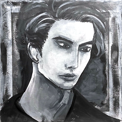 #ad Original Painting Portrait Contemporary Modern Art Young Man Guy Boy Grey 12x12