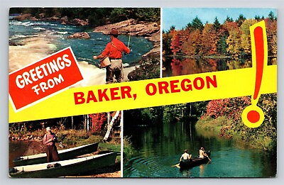 #ad Greetings from Baker Oregon Fishing Canoe Fall Leaves Vtg OR Postcard Multiview