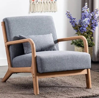 #ad Modern oak sofa upholstered in gray fabric for living room office bedroom
