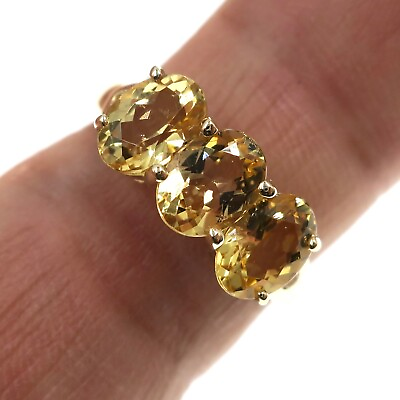 #ad 14k Solid Yellow Gold 3 Stone Golden Beryl Diamond 2ct Ring Size 7