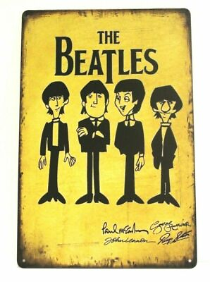 #ad The Beatles Tin Metal Poster Sign Vintage Rustic Style Cartoon Drawing Sketch XZ