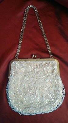 #ad Ivory Iridescent Sequin Pearl Beaded Evening Clutch Purse Gold tone clasp chain
