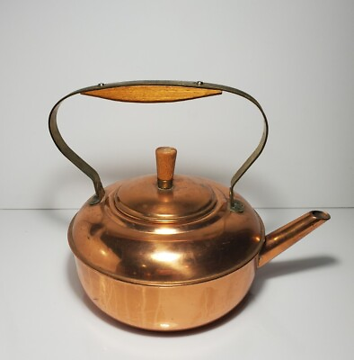 #ad Copper Teapot Kettle Vintage Stove Top Brass amp; Wood Handle