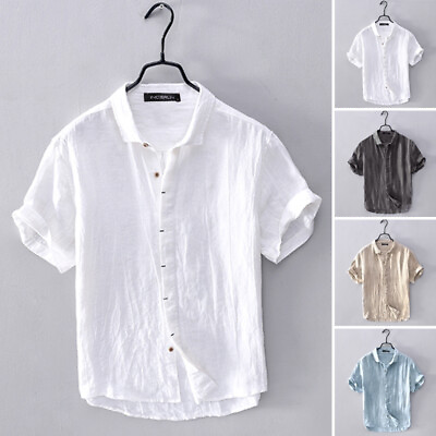 #ad INCERUN Mens Linen Cotton Shirt Short Sleeve Work Formal Blouse Button Down Top