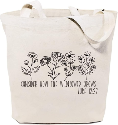 #ad Consider How the Wildflowers Grow Canvas Tote Bag for Women Bible Verse Reusable