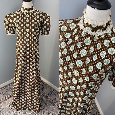 VINTAGE 1970#x27;S COTTAGE CORE MAXI DRESS Brown Puff Sleeves Lace Trim S M? READ