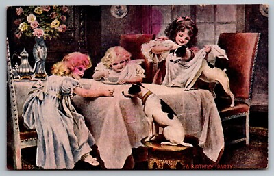 #ad #ad Postcard Victorian Era Girls Ready For Birthday Party With Puppies 1900s
