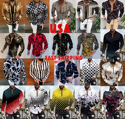 #ad Button Up Shirt Men Baroque Fashion Casual Party Long Sleeve Tee Classic Dress T