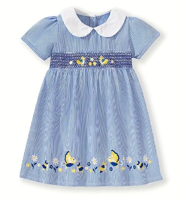 NEW Embroidered Birds Girls Blue Smocked Seersucker Dress