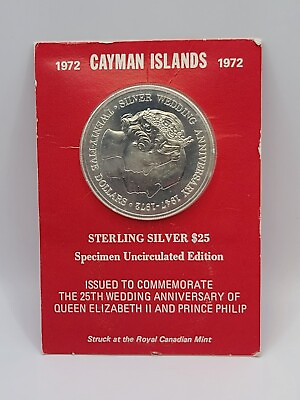 #ad Sealed UNC 1972 Cayman Islands 25 Dollars Silver Coin Silver Wedding KM#9