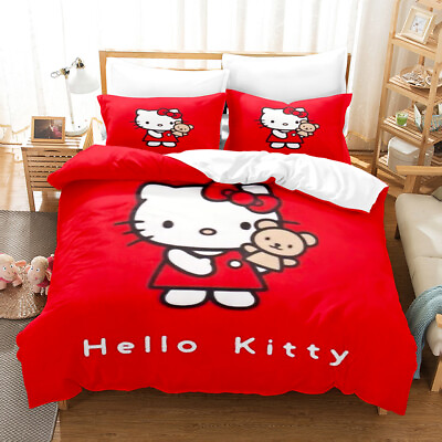 #ad Red Hello Kitty Duvet Cover Quilt Cover Twin Queen Bedding Set Comforter Cover