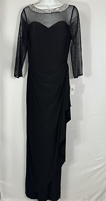 #ad Alex Evenings Women#x27;s Long Shift Dress Illusion Neckline Regular Black Sz 8