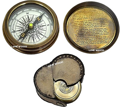 #ad Handmade Nautical Brass Robert Poem Compass Pocket Style With Leather Case 2.5quot;