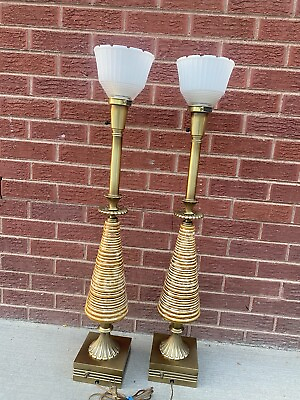 Rare Vintage 2 Matching REMBRANDT Brass and glass lamps 37” inches tall