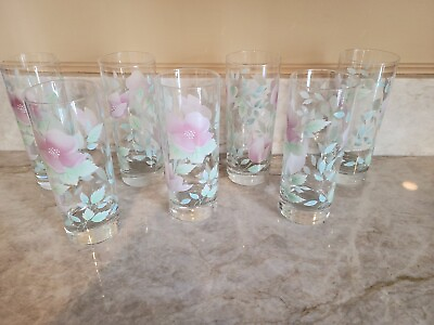 Vintage Luminarc Glasses Ice Tea Highball Floral Pink And Green X 7