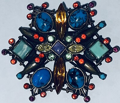 SORRELLI SIGNED KALEIDOSCOPE STAINED GLASS EFFECT MULTI COLORED SNOWFLAKE BROOCH