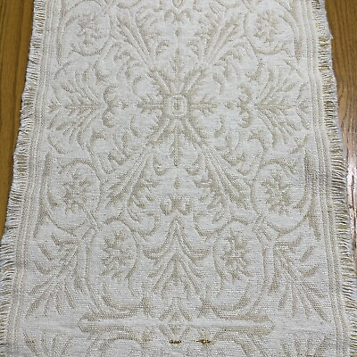 #ad Woven Tapestry Beige Table Runner Floral Metallic Gold Threads Fringe Sparkly
