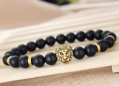 8MM Frosted Agate Stones Gold Lion Head Beaded Bracelet Stretchy Healing Bless