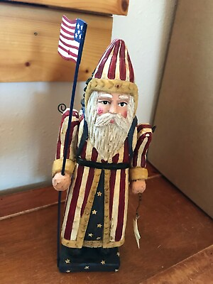 #ad Estate Resin Patriotic Santa Claus Holding American Flag amp; White Metal Star Figu