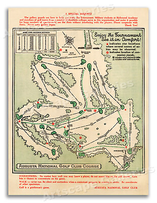 #ad 1954 Augusta National Masters Golf Tournament Course Map Art Print 18x24