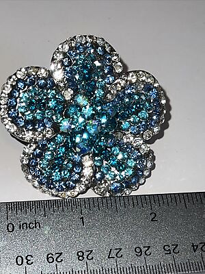 #ad Large Silver Tone Floral Bling Green Aqua Blue Crystals AB Rhinestones Vintage