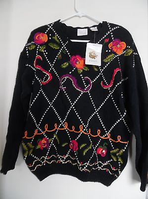 #ad Womens Sweater Top Sz M Vintage Ramie Cotton 80#x27;S Black Knit Needles amp; Yarn