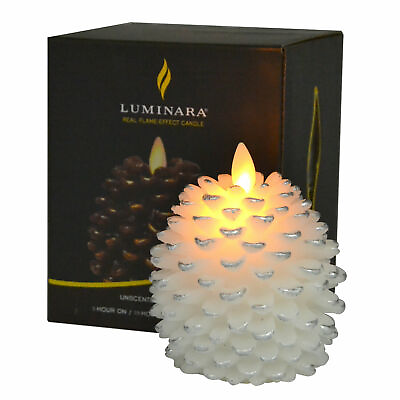 Luminara Flameless Pine Cone Figural Wax Candles Remote Moving Wick Timer White