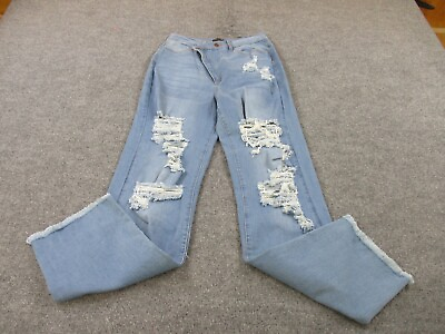 Fashion Nova Slouch Fit Jeans Size 11 Cross Zip Distressed Cotton Blue