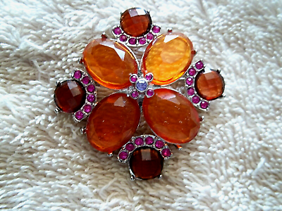 #ad MONET Pin Silver Tone Metal Amber Acrylic Faceted Stones Pink Crystals