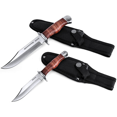 SwissTech Survival Fixed Blade Knife 2PC Bowie Knife Wood Handle Knife w Sheath