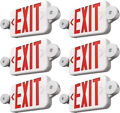 6 Pack LED Exit Sign Emergency Light–Hi Output RED Compact Combo UL 924 Listed