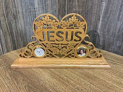#ad Religious Laser Wooden Cutout and Stand with Clock and Photo Frame E3