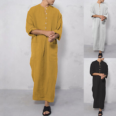 #ad Mens Casual Muslim Cotton Long Shirt Loose Fit Long Sleeve Striped Robe Shirt