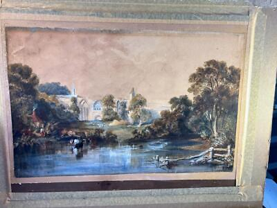 #ad Antique English Watercolor Painting England Landscape Cows School John Constable