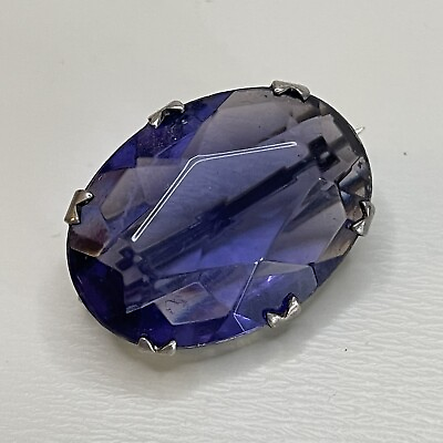 VINTAGE BROOCH Faceted LARGE GLASS FAUX SAPPHIRE Pin Blue Stone Estate