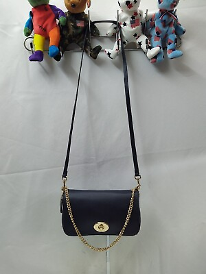 Coach Navy Leather Turnlock Closure Chain Strap Convertible Crossbody Wallet