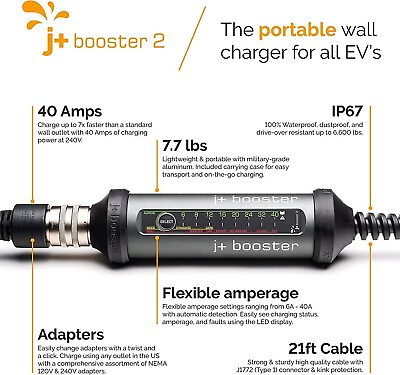 J Booster 2 Portable Home EV Charger Level 2 40A 240V 21ft USED